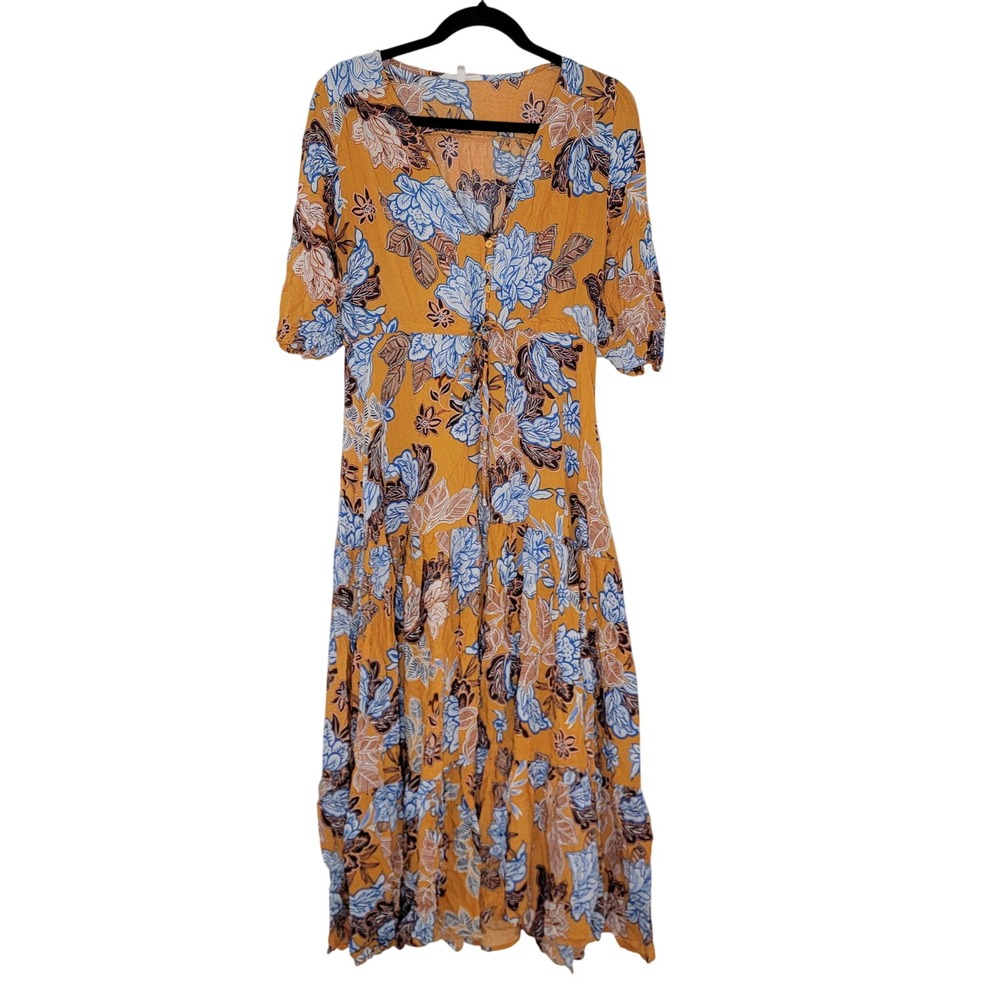 Abel The Label Mango Magic Mustard Yellow Floral Tiered Maxi Dress Boho Size S